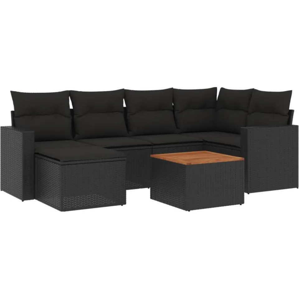 vidaXL 7-delige Loungeset met kussens poly rattan zwart, foto 3