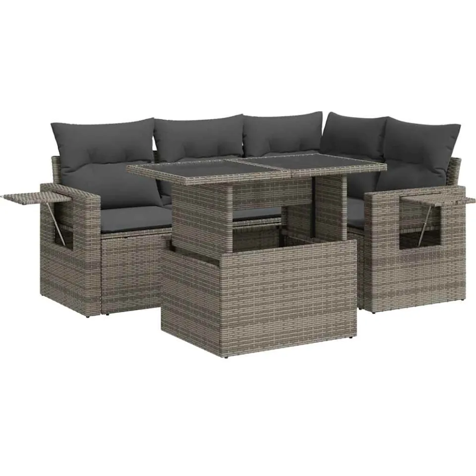 vidaXL 5-delige Loungeset met kussens poly rattan grijs, foto 3