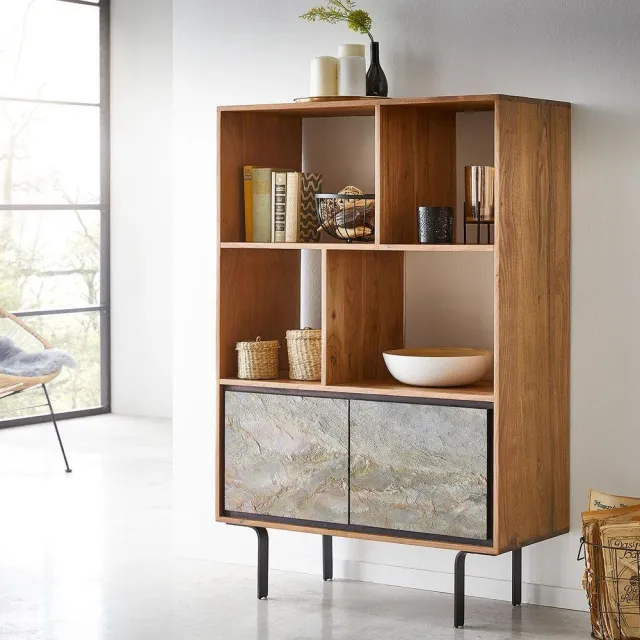DELIFE Boekenkast Juwelo 88 cm acacia natuur steen poten zwart Bruin