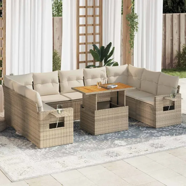 vidaXL 10-delige Loungeset met kussens poly rattan beige, foto 2