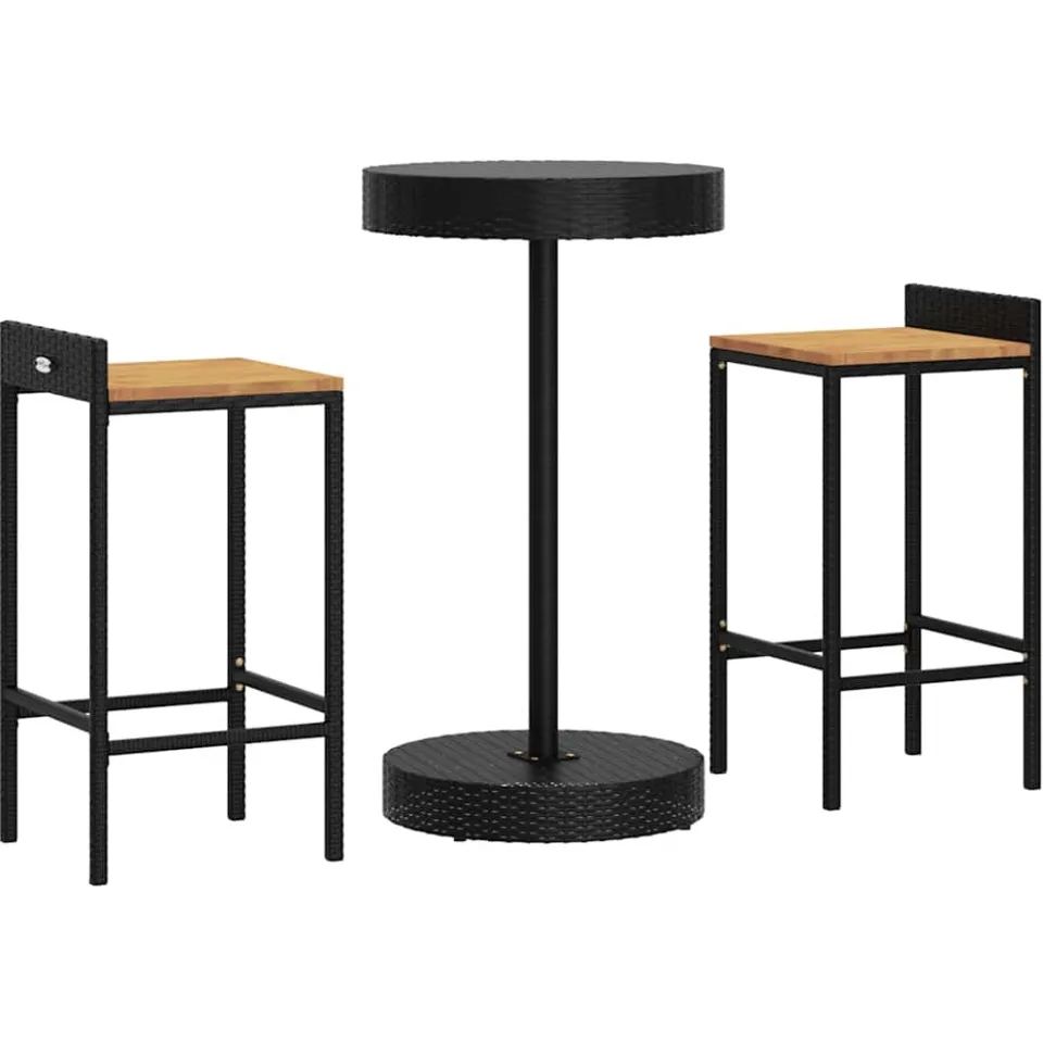vidaXL 3-delige Tuinbarset poly rattan en massief acaciahout zwart