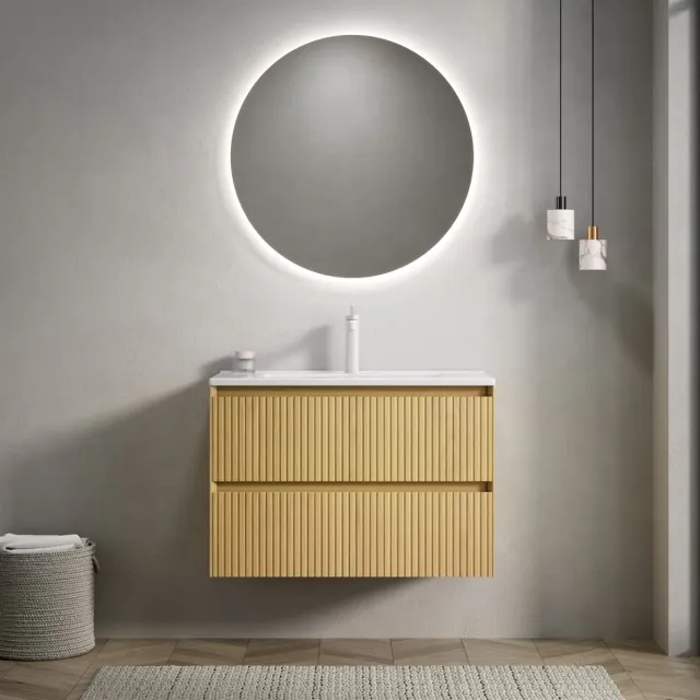 STILVORA Badkamerkast - Wandhangend Wastafelmeubel Met Geintegreerde Keramische Wastafel En 2 Lades - Voor Badkamer - Hout Wit - 75x39x50 cm Gouden eik