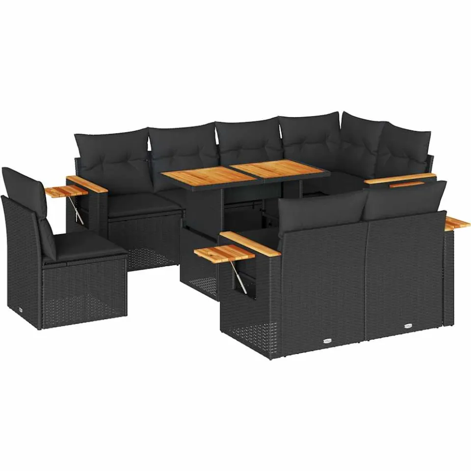 vidaXL 9-delige Loungeset met kussens poly rattan acacia zwart, foto 3