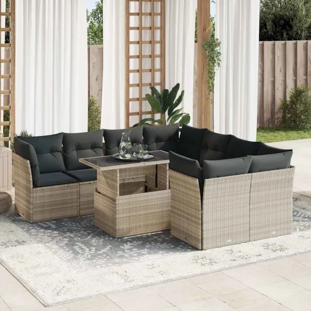 vidaXL 9-delige Loungeset met kussens poly rattan lichtgrijs grijs, foto 2
