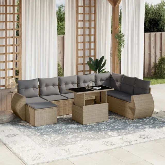 vidaXL 9-delige Loungeset met kussens poly rattan beige, foto 2