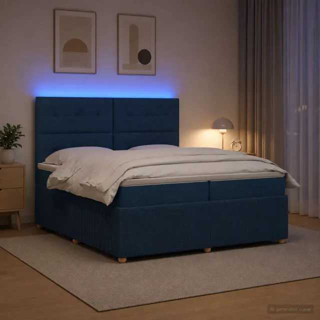 vidaXL LED Boxspring Bed met Matras Blauw 200 x 200 cm Stof