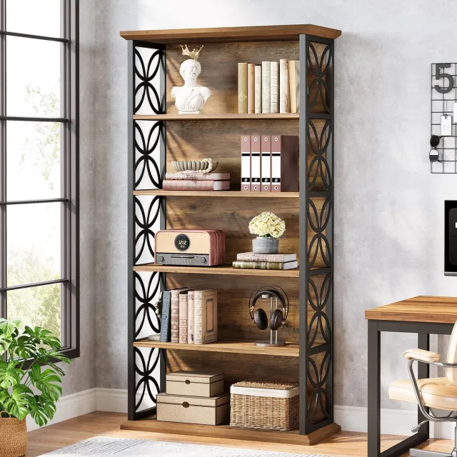 Parasha Nova Boekenkast - 6-laags hoge boekenplank - 71 inch industriële boekenkast met metalen frame - Vrijstaande open opbergplanken voor thuiskantoor Bruin