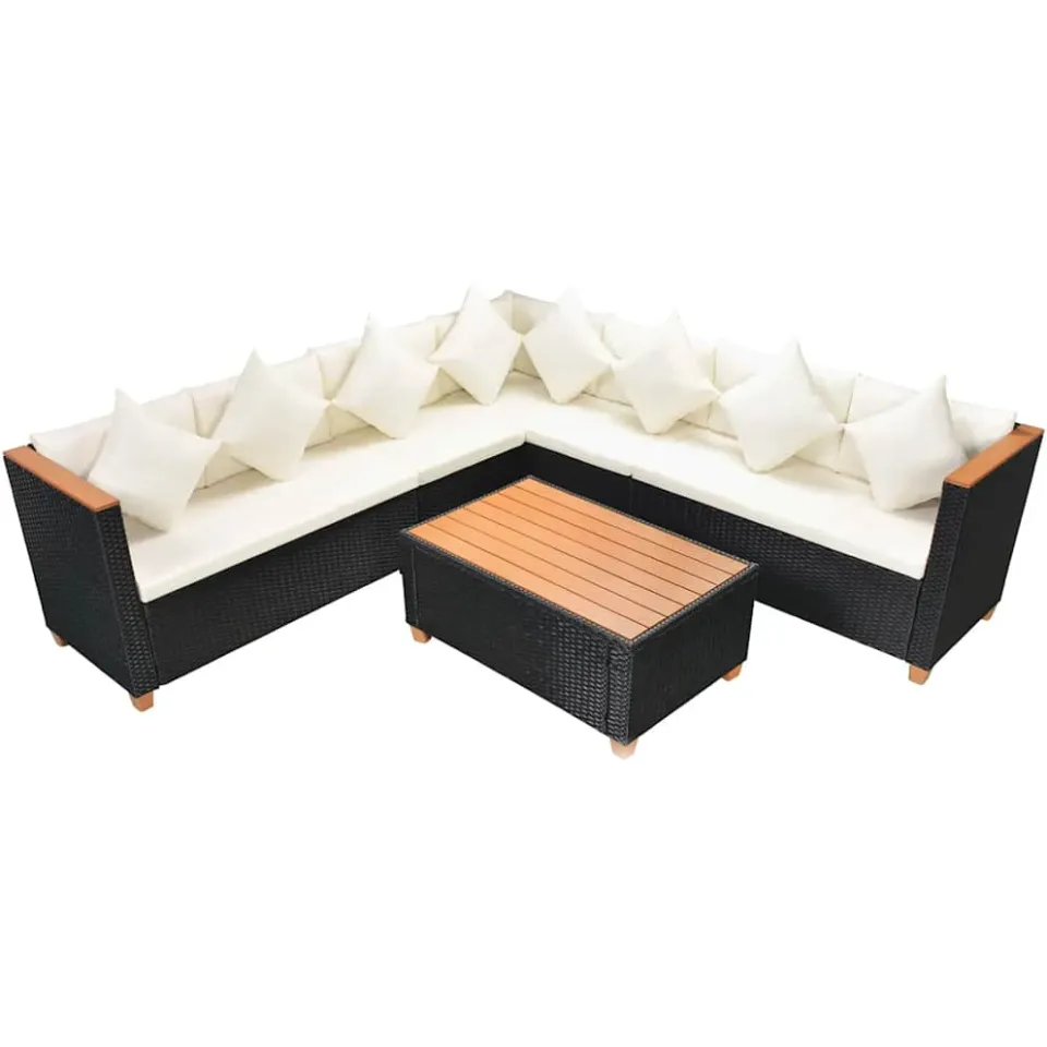 vidaXL 5-delige Loungeset met kussens poly rattan zwart