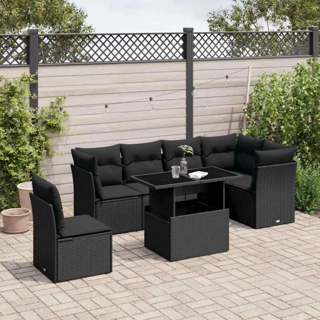 vidaXL 7-delige Loungeset met kussens poly rattan zwart, foto 2