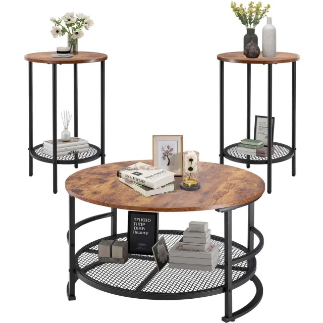 Vevor 3-Delige Ronde Salontafelset (800x465 MM), IndustriëLe Salontafel met 2 Ronde Bijzettafels (40x60CM), Bijzettafelset met Metalen Poten, In Elkaar Schuifbare Tafels voor Kantoor, Woonkamer, Appartement bruin ； zwart
