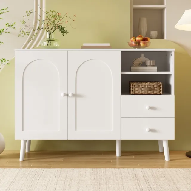 VVBV Dressoir – Buffetkast met 2 Deuren en 2 Lades – Hout – Wit – Voor Woonkamer, Eetkamer en Hal – met Opbergruimte – Sideboard