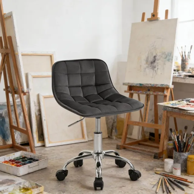 REDOM Bureaustoel - Draaibaar en in hoogte verstelbaar - Met wielen - Zonder armleuningen - Velours en metaal - Kantoor en make-up - Donkergrijs - 43 x 60-87,5 x 35,5 cm