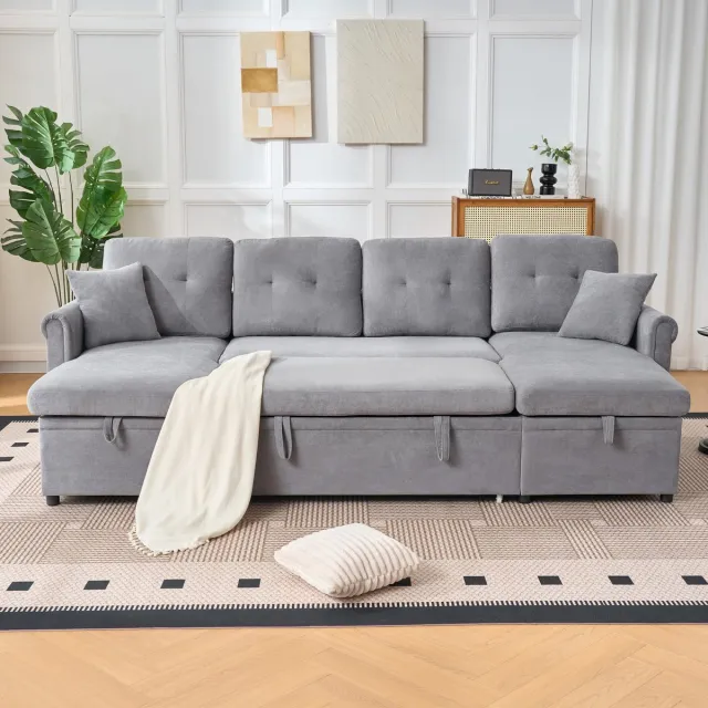 VVBV Slaapbank – Bedbank van Chenille met Opbergruimte – Modern Design – Voor 4-5 Personen – Voor Woonkamer – Grijs