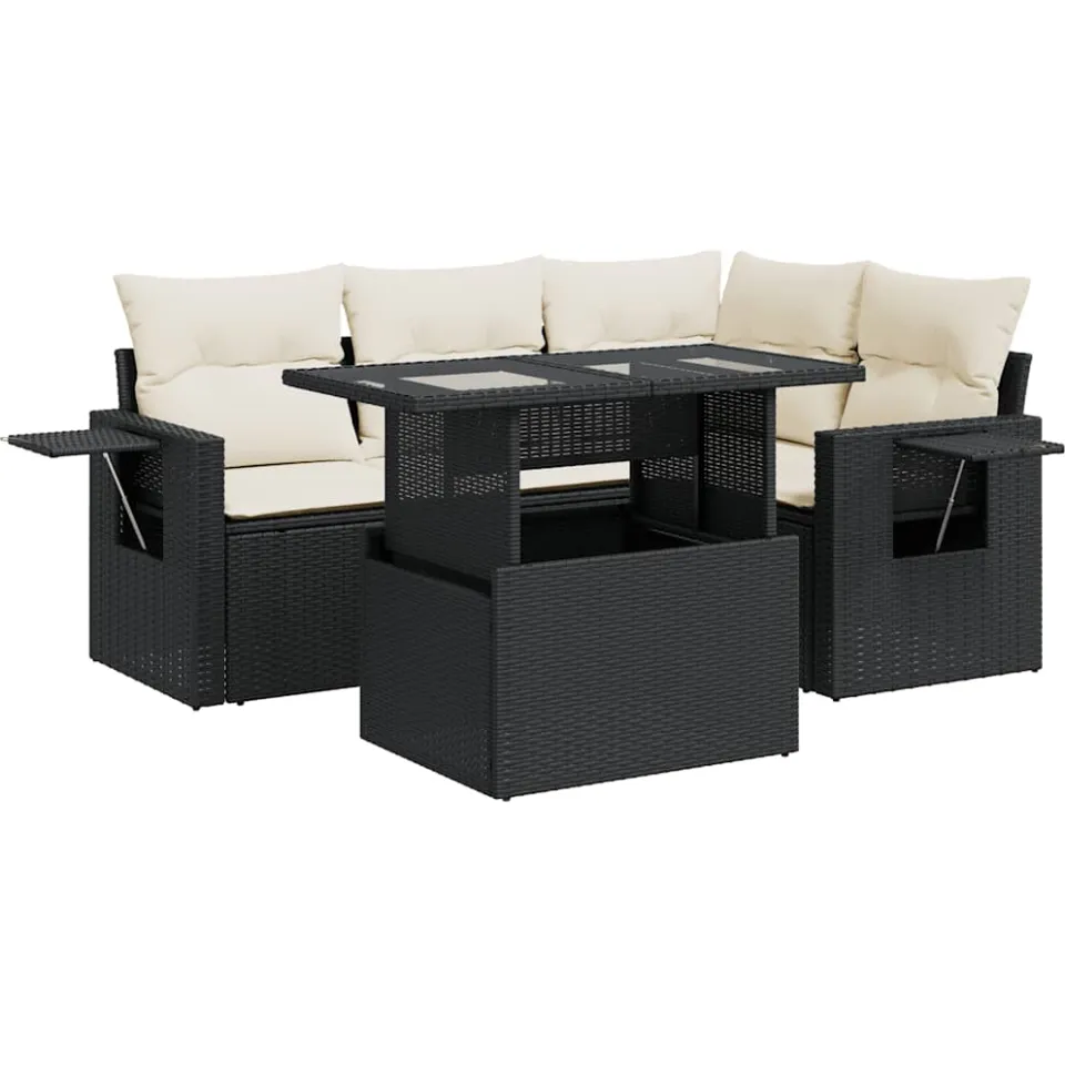 vidaXL 5-delige Loungeset met kussens poly rattan zwart, foto 3