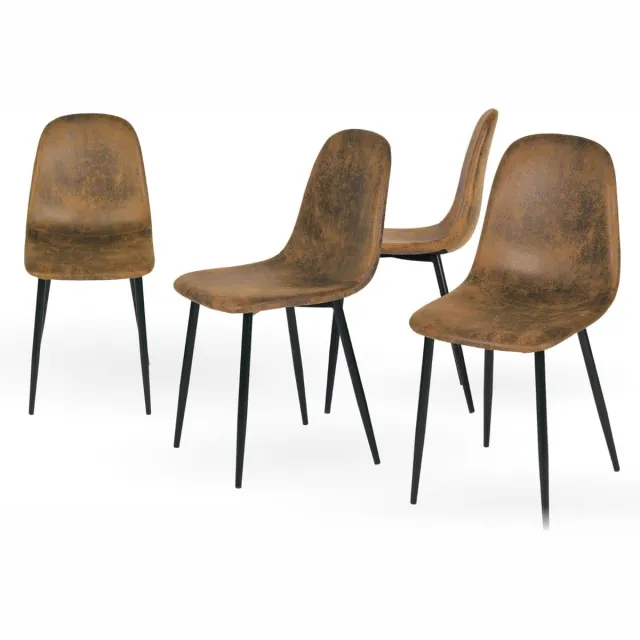 meerklose Set van 4 eetkamerstoelen, Scandinavisch vintage, kunstsuède stoelen met stalen poten, zwart Bruin
