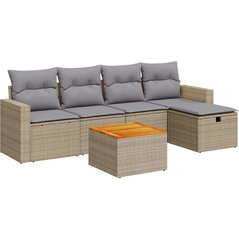 vidaXL 6-delige Loungeset met kussens poly rattan beige, foto 3
