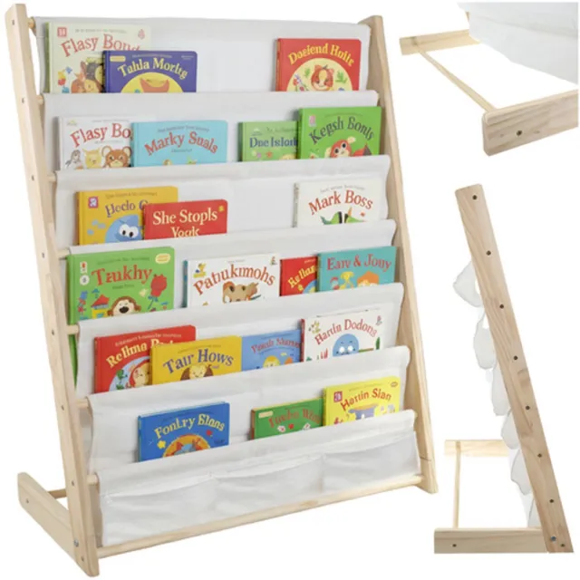 MOZY Houten Boekenkast - Kinderkamer - met 6 stoffen vakken - 79 x 62.5 x 30 cm - Kinderboekenkast - Boekenrek - Montessori Boekenkast