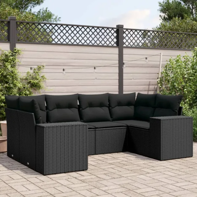 vidaXL 6-delige Loungeset met kussens poly rattan zwart, foto 2