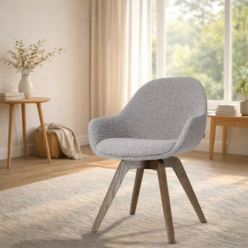 Nolon Noor-Mae draaibare eetkamerstoel bouclé taupe - walnoot houten onderstel, foto 2
