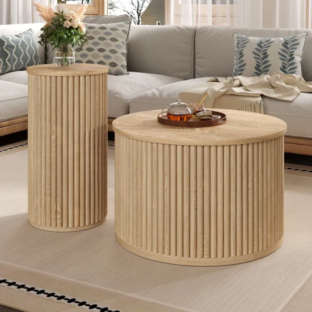 REDOM Salontafel set 60x60x38,5 cm + 30x30x56 cm, MDF in naturel met 3D strepen Natuurlijk