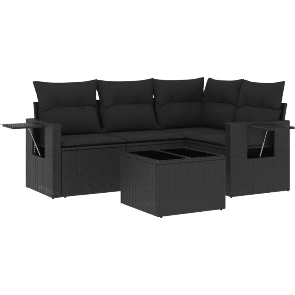 vidaXL 5-delige Loungeset met kussens poly rattan zwart, foto 3