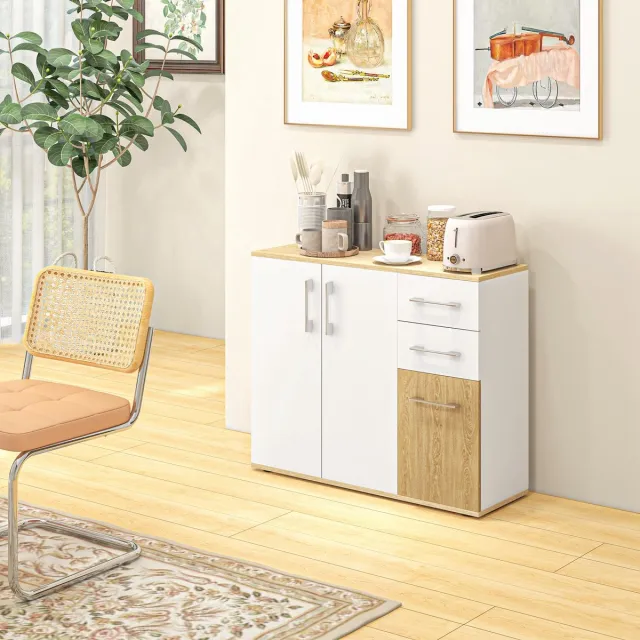 AURA LUMEN Buffetkast-Buffet wit en natuurlijk hout-3 deuren-2 lades-verstelbare plank-90x30x75,5 cm