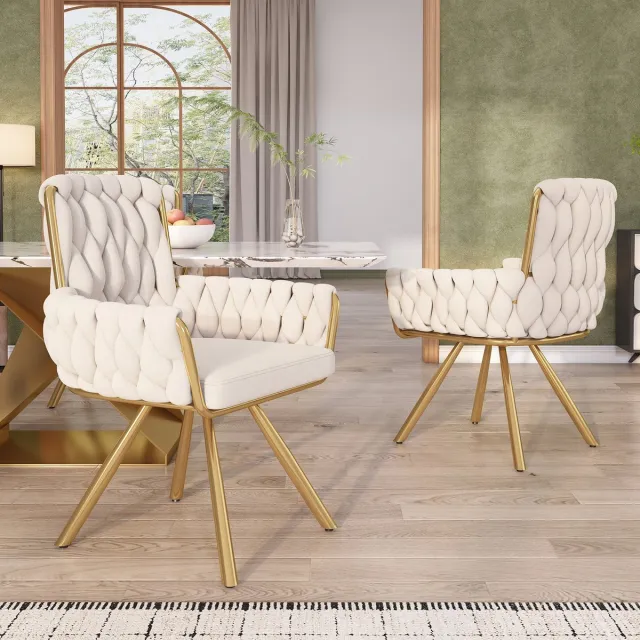 Welltin Fluwelen eetkamerstoel - Set Van 2 - Stoel, Eettafelstoel, Stoelenset, Fauteuil, Draaistoel, Relaxstoel met 4 metalen steunpoten - Beige