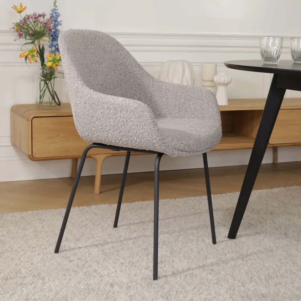 Nolon Nora-Mae eetkamerstoel bouclé taupe - zwart onderstel, foto 2