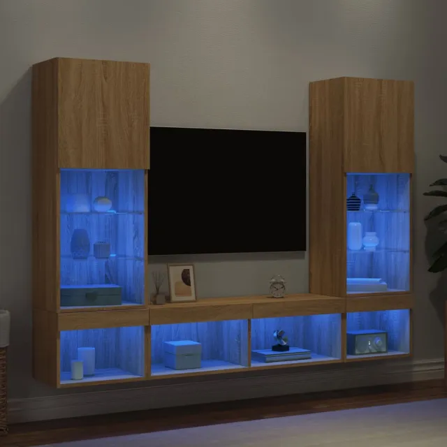 vidaXL 5-delige Tv-wandmeubelset met LED bewerkt hout sonoma eiken, foto 2