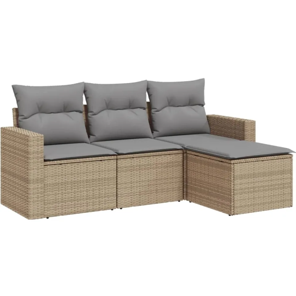 vidaXL 4-delige Loungeset met kussens poly rattan beige