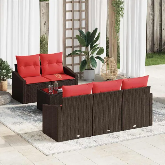 vidaXL Bankstel 6 st 3-zits Bruin en Rood poly rattan