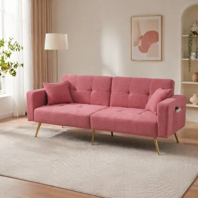 MEUNIQ slaapbank 175 x 64 x 72 cm, 2-zits met verstelbare rugleuning 105/138/180 graden, zijvakken, sherpa stof en gouden poten voor woonkamer of logeerkamer, roze