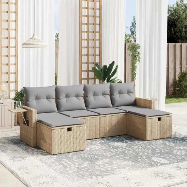 vidaXL 6-delige Loungeset met kussens poly rattan gemengd beige, foto 2