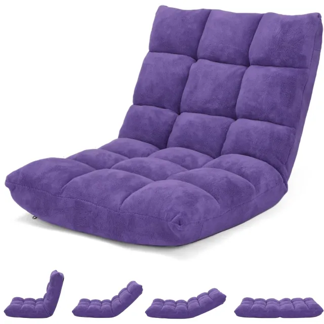 Costway Verstelbare Vloerstoel van Koraalfleece - Gevoerde Meditatiestoel - Opvouwbaar Bodemkussen - Relaxstoel - 105 x 56 x 15 cm Paars