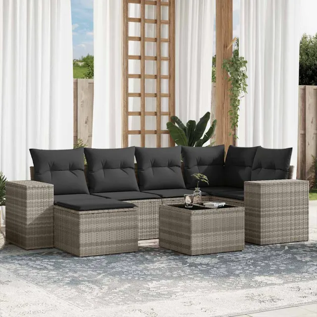 vidaXL 7-delige Loungeset met kussens poly rattan lichtgrijs grijs, foto 2