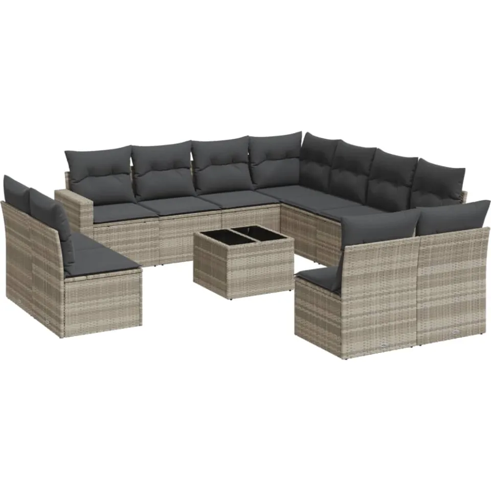 vidaXL 12-delige Loungeset met kussens poly rattan lichtgrijs
