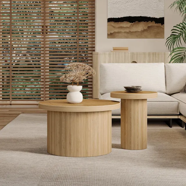 DESMIU Salontafel Set - Ronde Tafels Met Natuurlijke Houtstructuur - Voor Woonkamer En Decoratie - MDF - Naturel - 66x66x40 Cm En 40x40x46 Cm