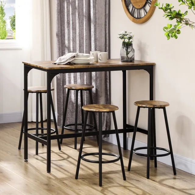 COVREO Bartafel set 110x50x89,5 cm bruin zwart, 4 barkrukken metaal Brown; zwart