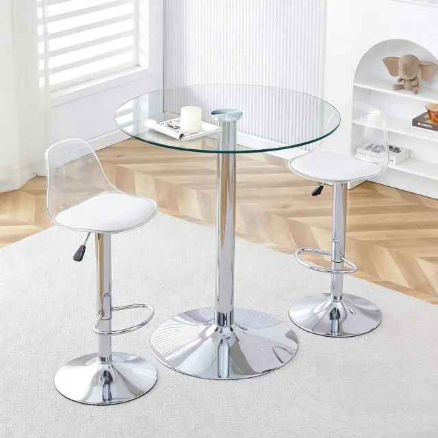 DESMIU Barkruk Set 89 Cm - Ronde Glazen Bartafel Met 2 Transparante Barkrukken - Hoogte Verstelbaar En Draaibaar - Zilver Transparant