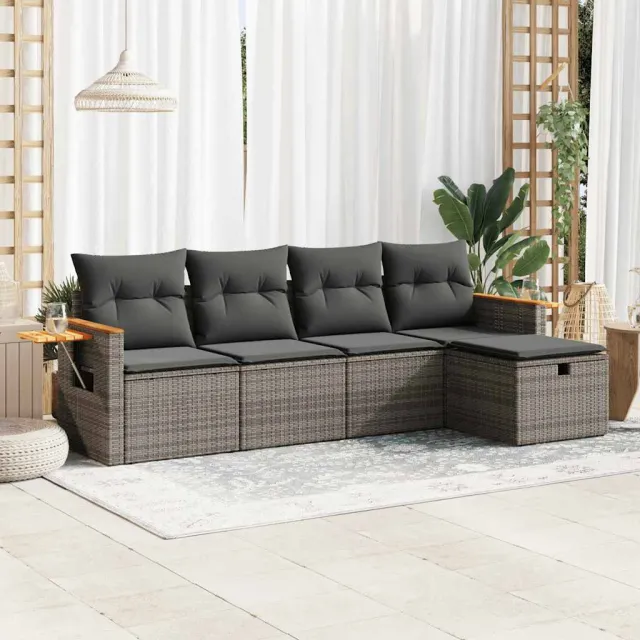 vidaXL 5-delige Loungeset met kussens poly rattan grijs, foto 2