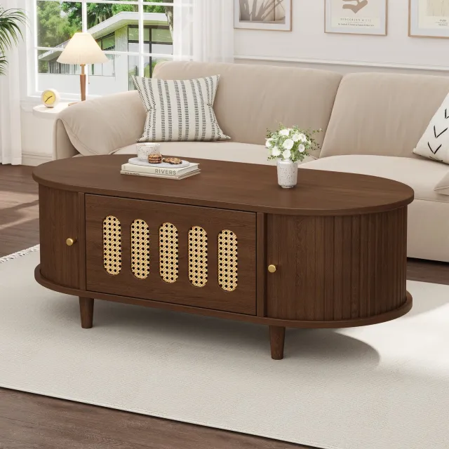 OKWISH Salontafel - Ovaal met 1 Lade en 2 Roldeuren - Opbergruimte voor de Woonkamer - MDF in Walnootkleur - 100 x 50 x 40 cm