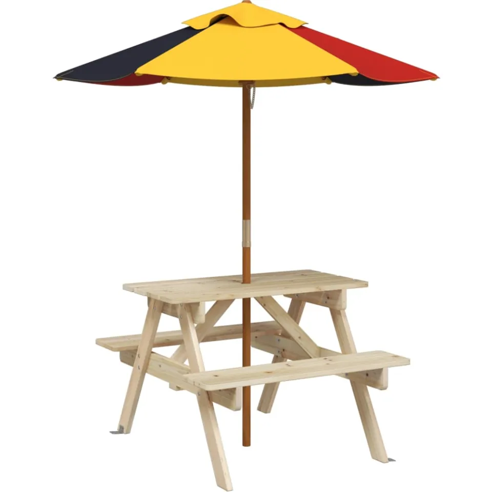 vidaXL Picknicktafel voor 4 kinderen met parasol massief vurenhout bruin, foto 3