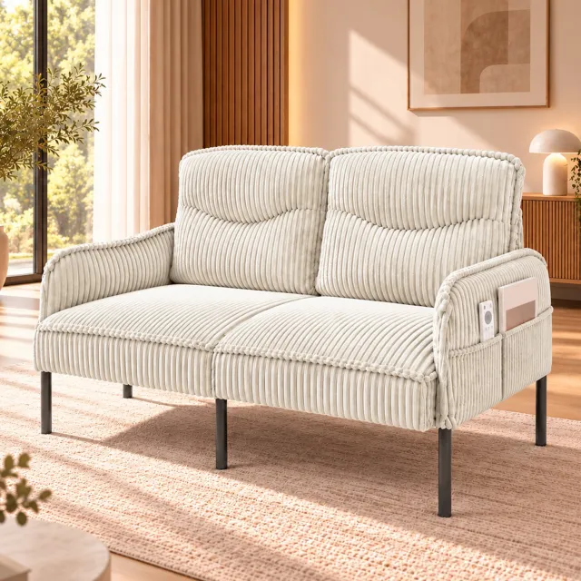 Wishdor 2-zitsbank van ribstof met zijvakken - Hoge rugleuning en zachte schuimvulling - Armleuningen en metalen poten - Voor woonkamer slaapkamer en leeshoek - Beige - 122 x 73 x 83 cm