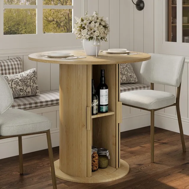 Triumpunpre Ronde eettafel voor 2-4 personen – Onderstel met verborgen opbergruimte – Ruimtebesparende eettafel – 80×80×75 cm – Houtkleur