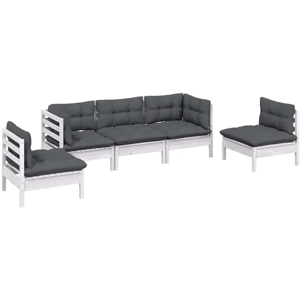 vidaXL 5-delige Loungeset met kussens massief grenenhout Wit
