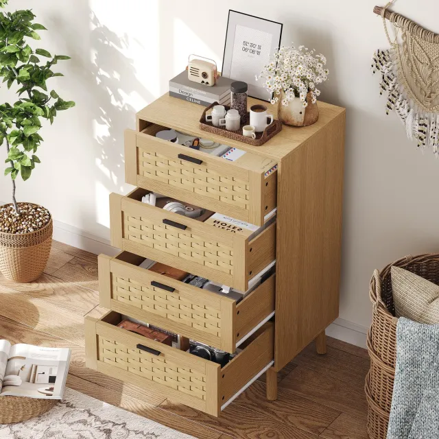 Yelenaro Ladekast 4 lades en rotan, moderne opbergkast met houten poten, commode voor de slaapkamer, woonkamer en hal, 55 x 40 x 95 cm, naturel