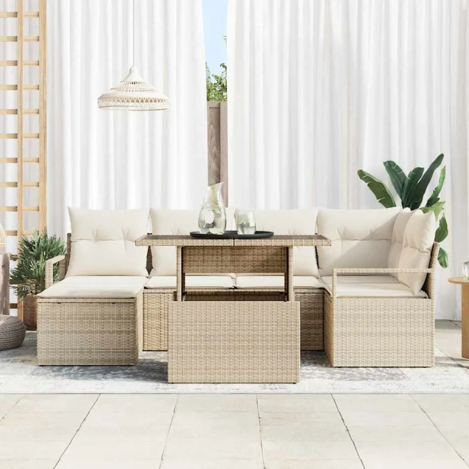 vidaXL Tuin Sofa Set 7 st Beige en Crème poly rattan, foto 3