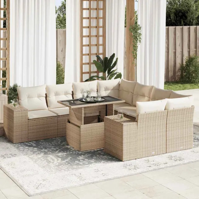 vidaXL 9-delige Loungeset met kussens poly rattan beige, foto 2