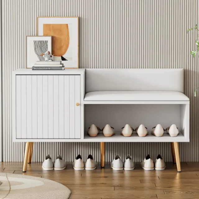 Zubaliya Witte schoenenbank - Schoenenbank met opbergruimte, gestoffeerde zitting en rugleuning - Metalen poten, halbank met schoenenkast, entreebank, modern design, wit