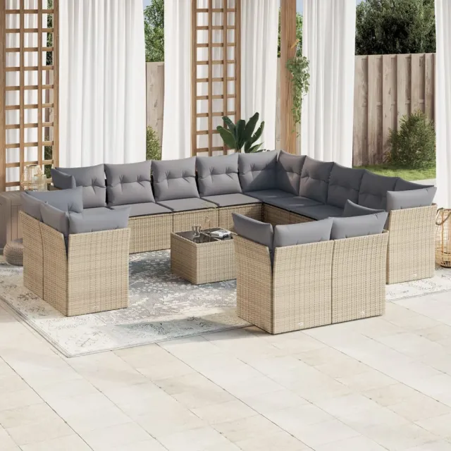 vidaXL 14-delige Loungeset met kussens poly rattan beige, foto 2